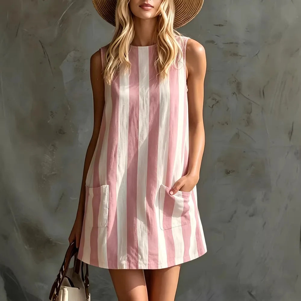 A stylish sleeveless mini dress featuring retro striped prints, a comfy loose fit, and a practical side pocket. Perfect for summer outings, holidays, and casual everyday wear with a relaxed, effortless vibe