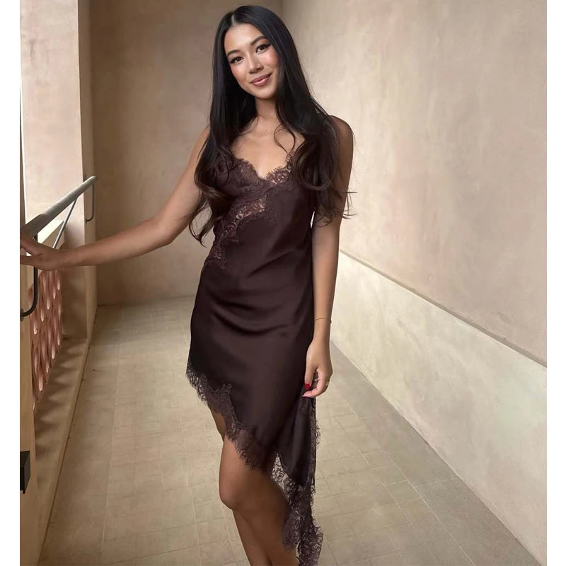 A sexy satin lace mini dress with a backless asymmetric design that highlights your curves—perfect for summer nights, beach vibes, and standout party looks