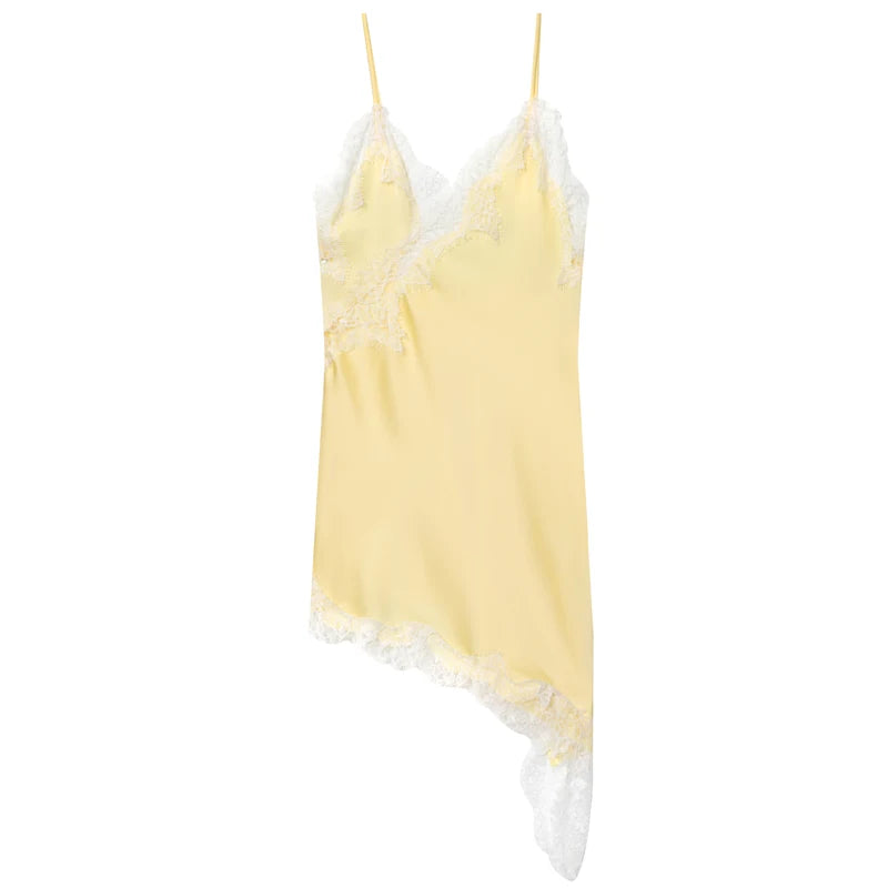 A sexy asymmetric lace slip dress featuring a mini length, open back, and elegant halter design. Made with soft, lightweight fabric that highlights your curves—perfect for summer nights, parties, and evening occasions
