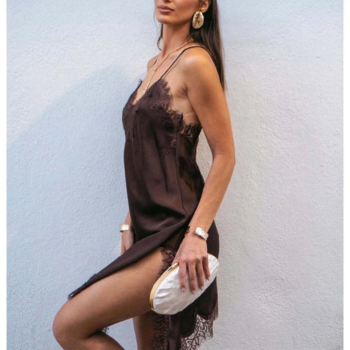 A sexy satin lace mini dress with a backless asymmetric design that highlights your curves—perfect for summer nights, beach vibes, and standout party looks