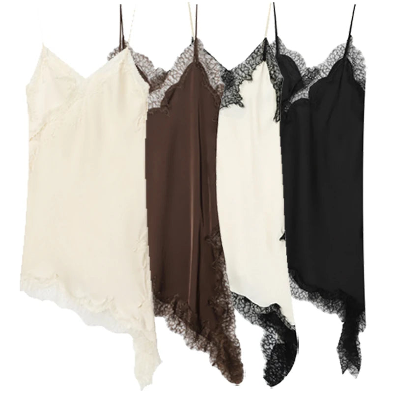A sexy asymmetric lace slip dress featuring a mini length, open back, and elegant halter design. Made with soft, lightweight fabric that highlights your curves—perfect for summer nights, parties, and evening occasions