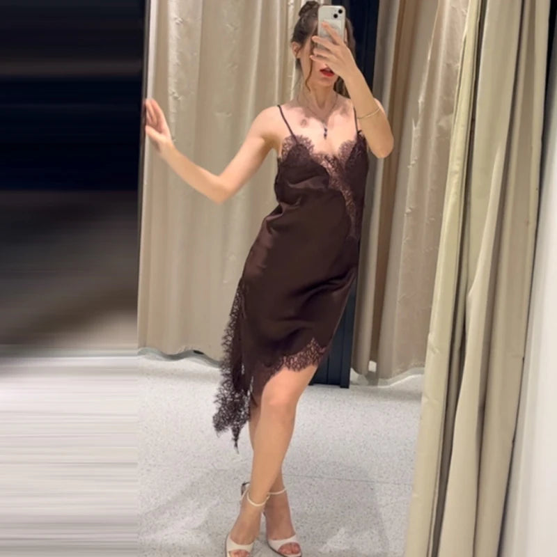 A sexy asymmetric lace slip dress featuring a mini length, open back, and elegant halter design. Made with soft, lightweight fabric that highlights your curves—perfect for summer nights, parties, and evening occasions