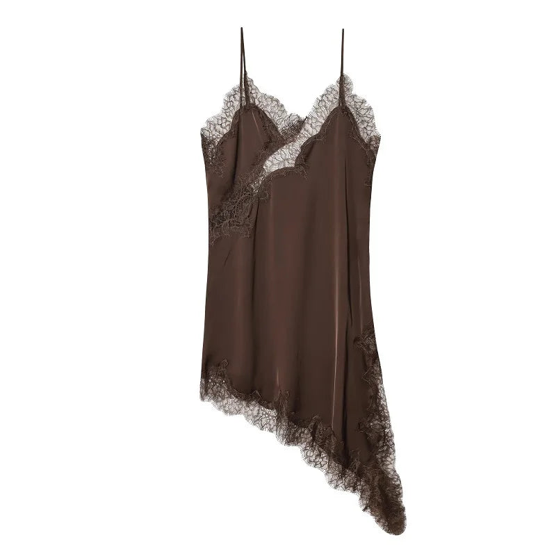 A sexy satin lace mini dress with a backless asymmetric design that highlights your curves—perfect for summer nights, beach vibes, and standout party looks