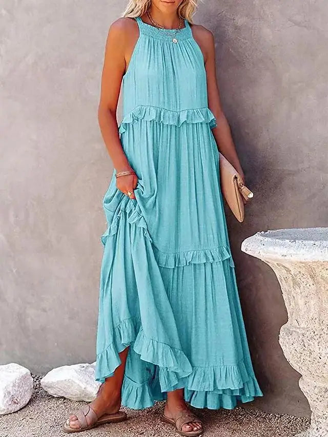 A stylish sleeveless mini dress featuring a soft lotus‑leaf hem and a relaxed, feminine fit. Perfect for summer outings, holidays, and casual everyday wear with an effortless chic look