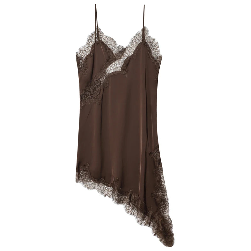 A sexy asymmetric lace slip dress featuring a mini length, open back, and elegant halter design. Made with soft, lightweight fabric that highlights your curves—perfect for summer nights, parties, and evening occasions