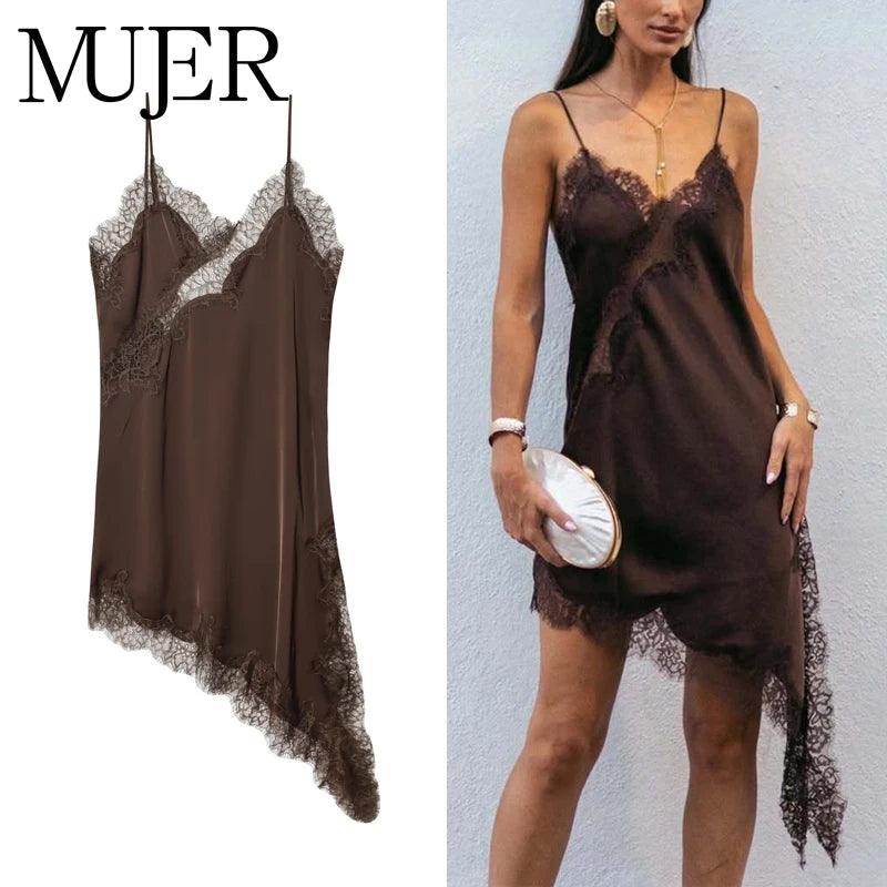 A sexy satin lace mini dress with a backless asymmetric design that highlights your curves—perfect for summer nights, beach vibes, and standout party looks