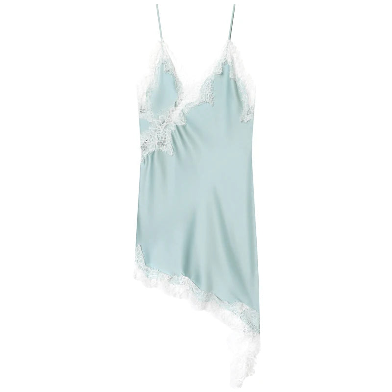 A sexy asymmetric lace slip dress featuring a mini length, open back, and elegant halter design. Made with soft, lightweight fabric that highlights your curves—perfect for summer nights, parties, and evening occasions
