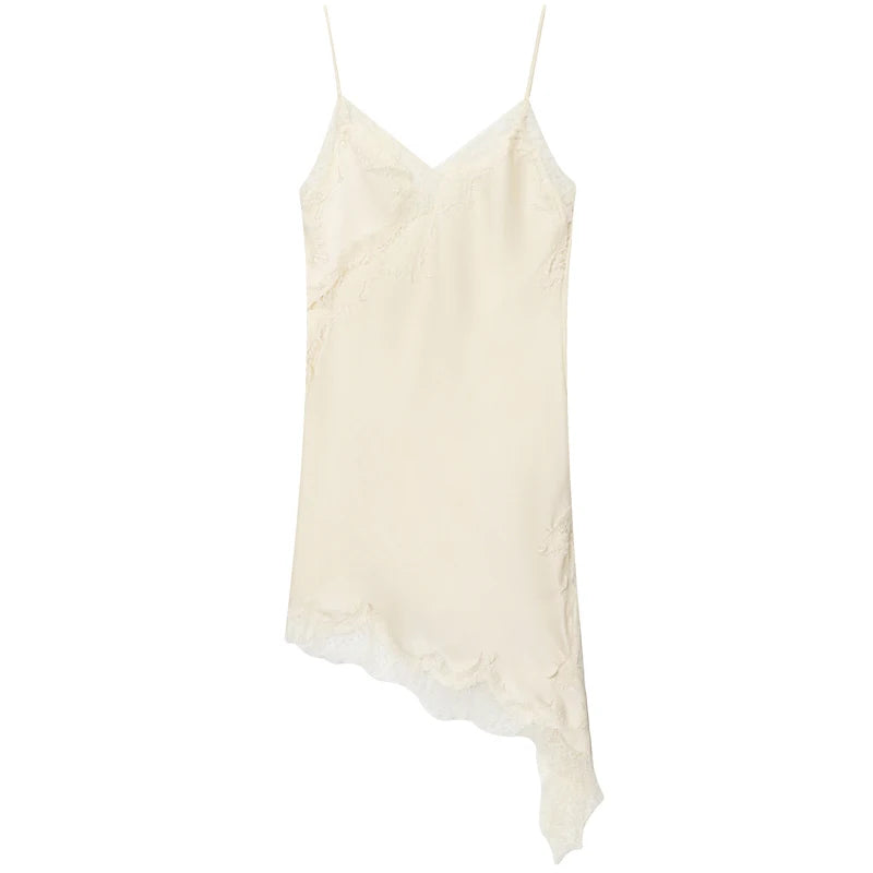 A sexy asymmetric lace slip dress featuring a mini length, open back, and elegant halter design. Made with soft, lightweight fabric that highlights your curves—perfect for summer nights, parties, and evening occasions
