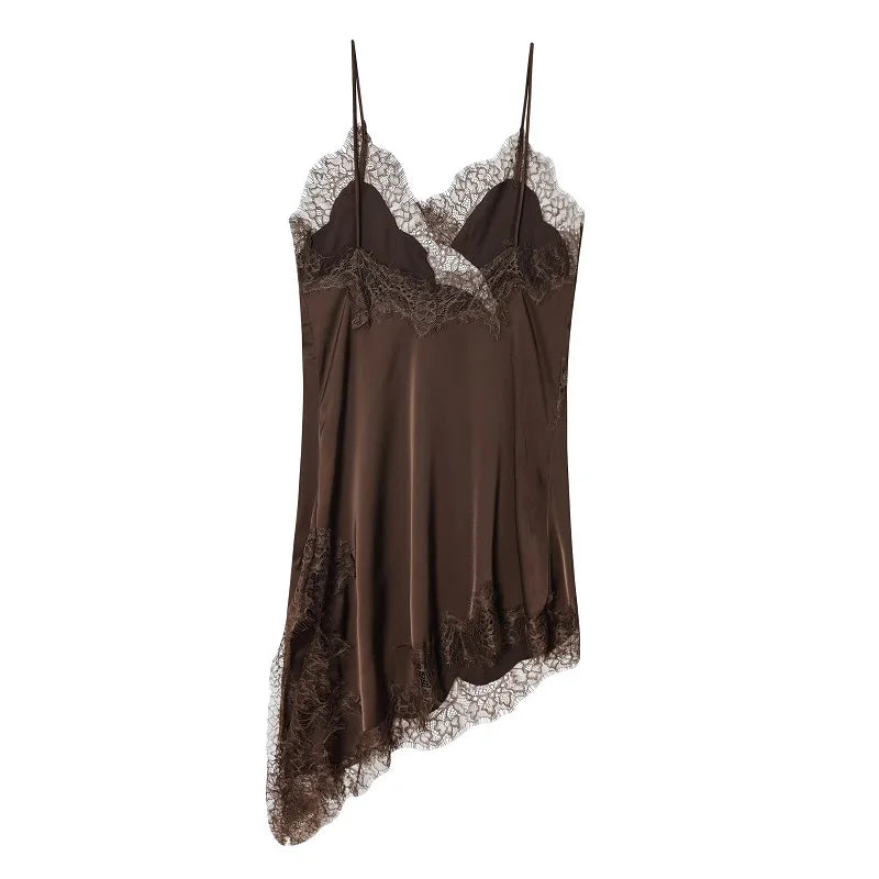 A sexy satin lace mini dress with a backless asymmetric design that highlights your curves—perfect for summer nights, beach vibes, and standout party looks