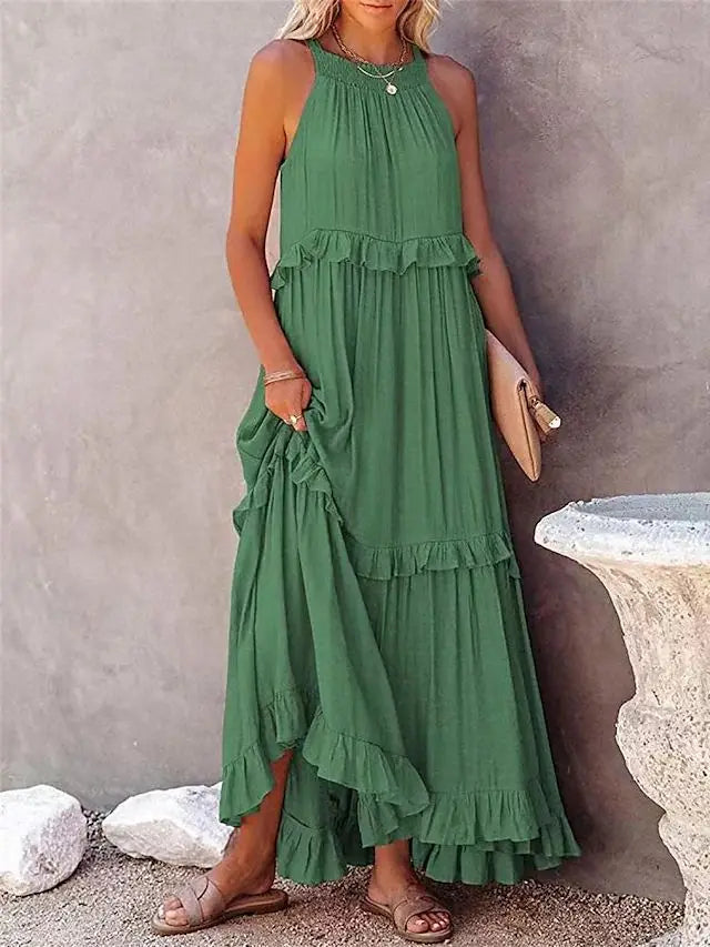 A stylish sleeveless mini dress featuring a soft lotus‑leaf hem and a relaxed, feminine fit. Perfect for summer outings, holidays, and casual everyday wear with an effortless chic look