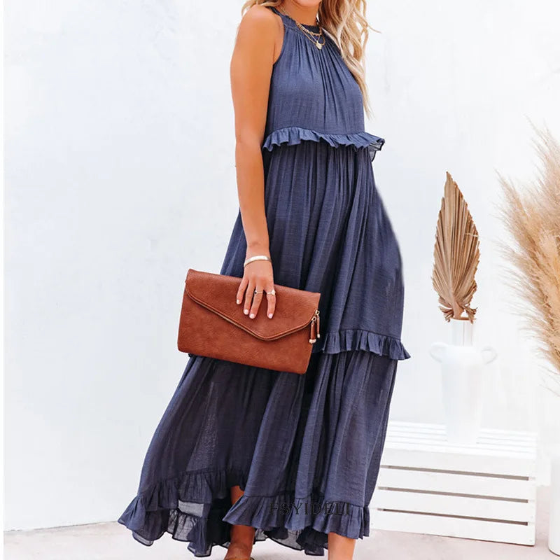 A stylish sleeveless mini dress featuring a soft lotus‑leaf hem and a relaxed, feminine fit. Perfect for summer outings, holidays, and casual everyday wear with an effortless chic look