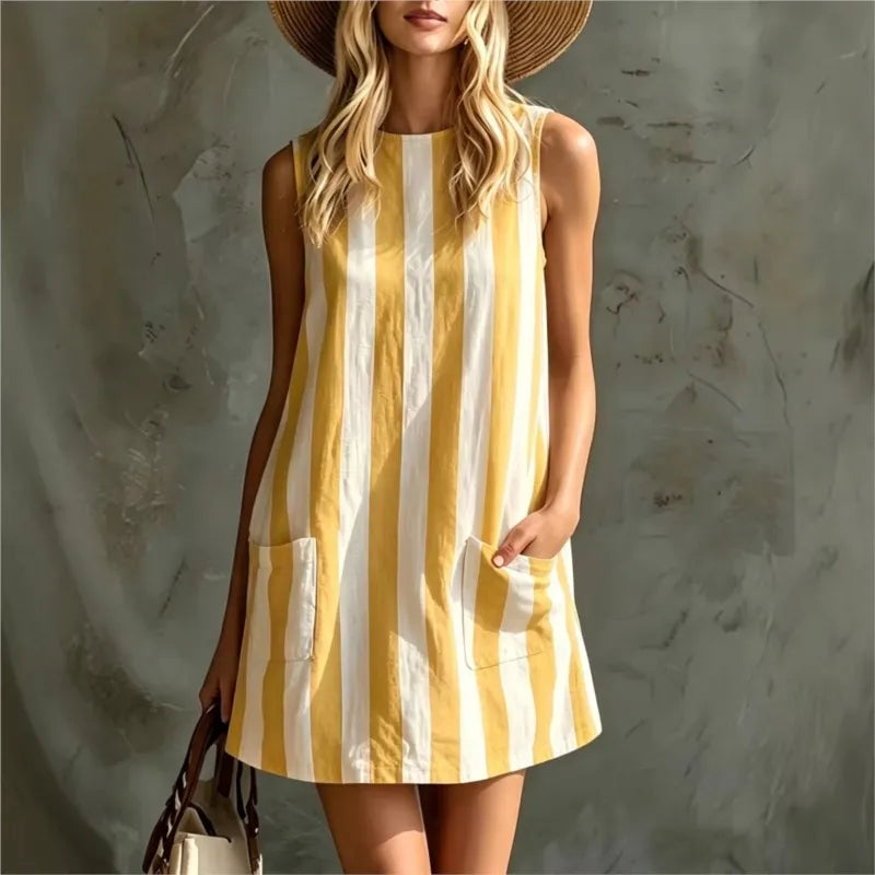 A stylish sleeveless mini dress featuring retro striped prints, a comfy loose fit, and a practical side pocket. Perfect for summer outings, holidays, and casual everyday wear with a relaxed, effortless vibe
