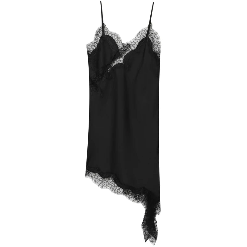 A sexy asymmetric lace slip dress featuring a mini length, open back, and elegant halter design. Made with soft, lightweight fabric that highlights your curves—perfect for summer nights, parties, and evening occasions