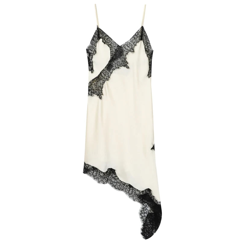 A sexy asymmetric lace slip dress featuring a mini length, open back, and elegant halter design. Made with soft, lightweight fabric that highlights your curves—perfect for summer nights, parties, and evening occasions