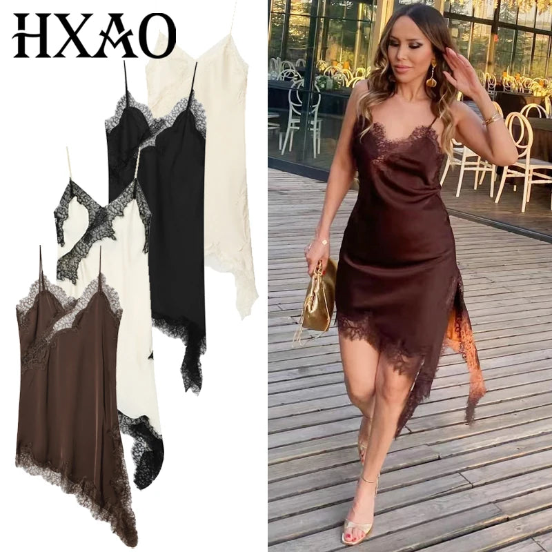 A sexy asymmetric lace slip dress featuring a mini length, open back, and elegant halter design. Made with soft, lightweight fabric that highlights your curves—perfect for summer nights, parties, and evening occasions