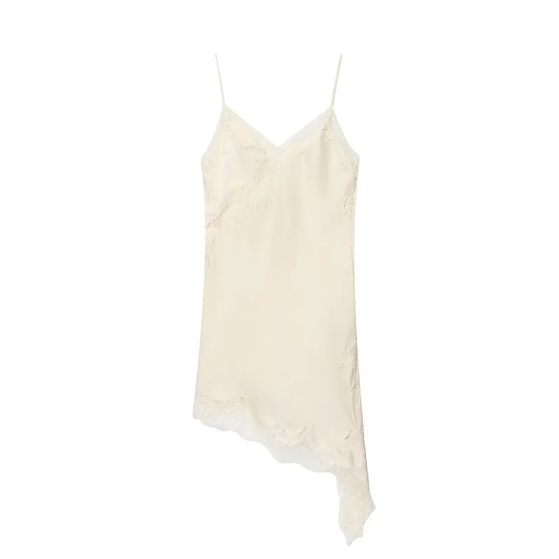 A sexy satin lace mini dress with a backless asymmetric design that highlights your curves—perfect for summer nights, beach vibes, and standout party looks