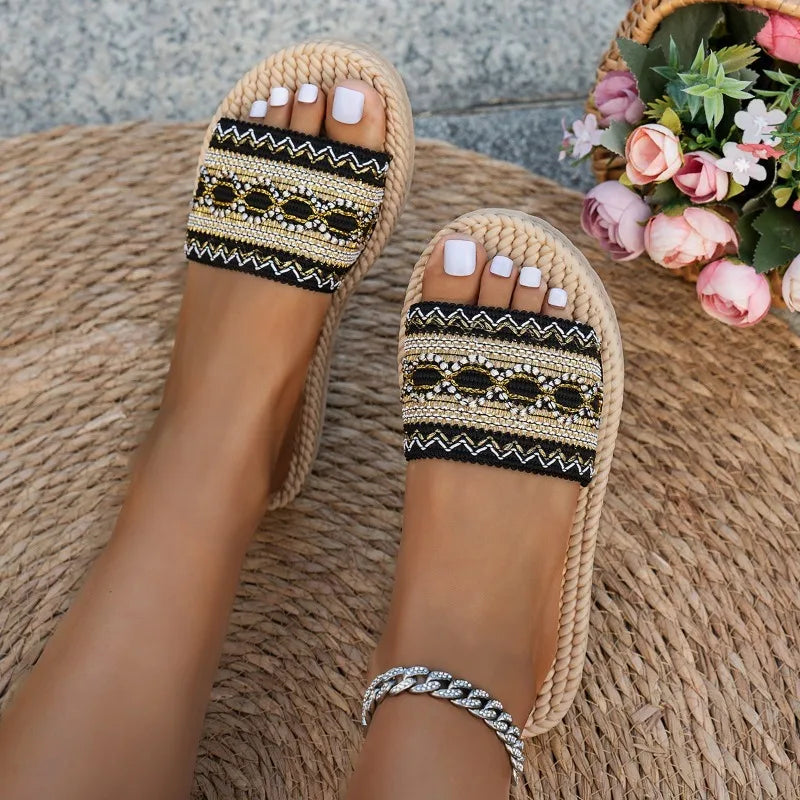 Stylish bohemian flat sandals designed with soft comfort, tassel details, and a chic ethnic look. Perfect for outdoor wear, beach days, and everyday summer outfits—lightweight, fashionable, and ideal for women who love effo