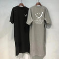 A trendy summer T‑shirt dress with a loose, mid‑length fit that falls elegantly over the knee. Designed with soft, breathable fabric and short sleeves for all‑day comfort. Perfect for casual outings, daily wear, and eff